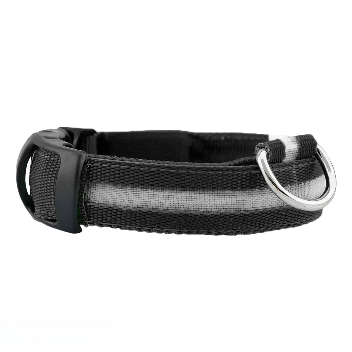 Black and silver striped reflective LED dog collar with a silver buckle.