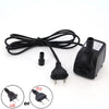 Black submersible aquarium water pump with a cord and dual plug options for EU or US.