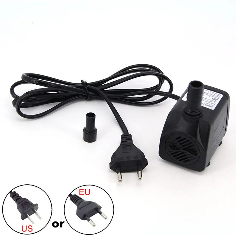 Black submersible aquarium water pump with a cord and dual plug options for EU or US.