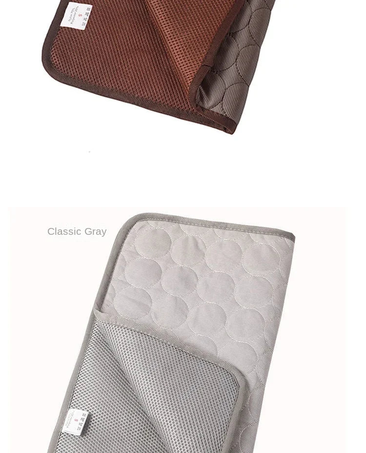 A pair of pet mats, one brown and one gray, showing the textured surface for cooling and sleeping.