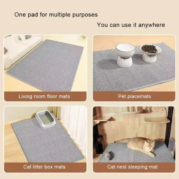 Various uses for a self-adhesive cat scratching mat including living room mats, pet placemats, litter box mats, and cat nest 