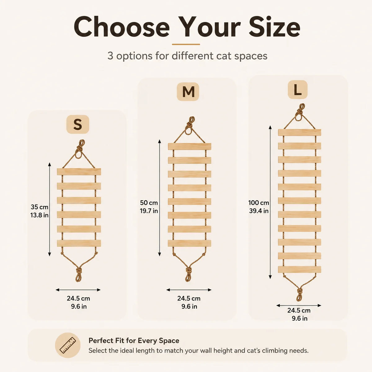 Three sizes of natural wood cat climbing ladders labeled S, M, and L for different cat spaces.