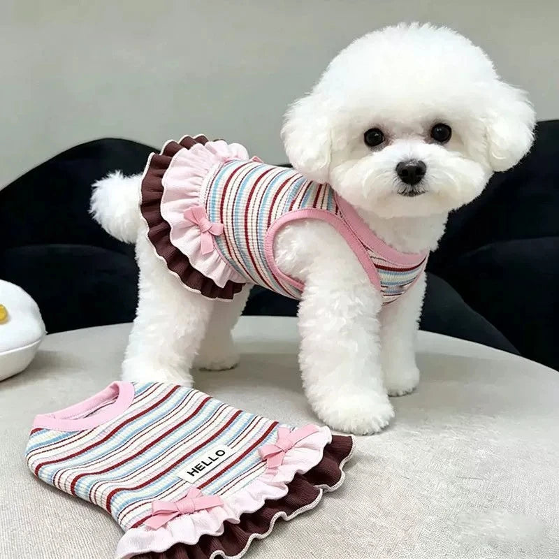 Striped Dog Dress with Bowknot - Cute Ruffle Summer Outfit for Small Dogs