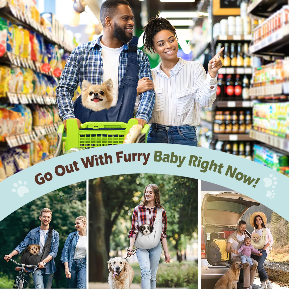 A man and woman smiling while carrying a dog in a reversible hands-free baby sling carrier.