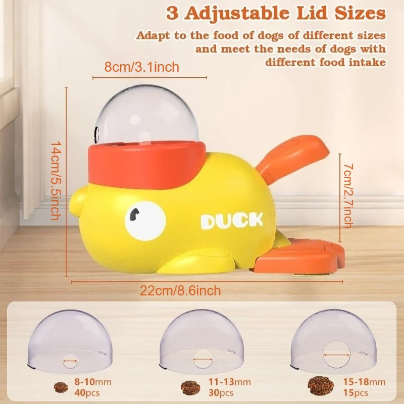 Jouet distributeur de friandises pour chien en forme de canard jaune avec trois tailles de couvercle réglables.