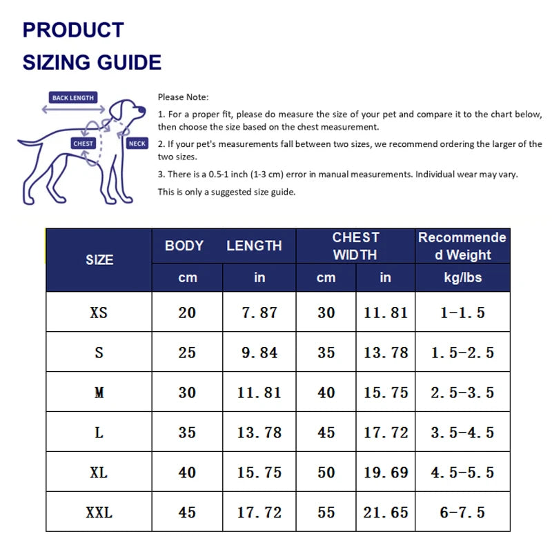 Guide des tailles pour chiens, affichant les mesures en centimètres et en pouces pour les tailles XS à XXL