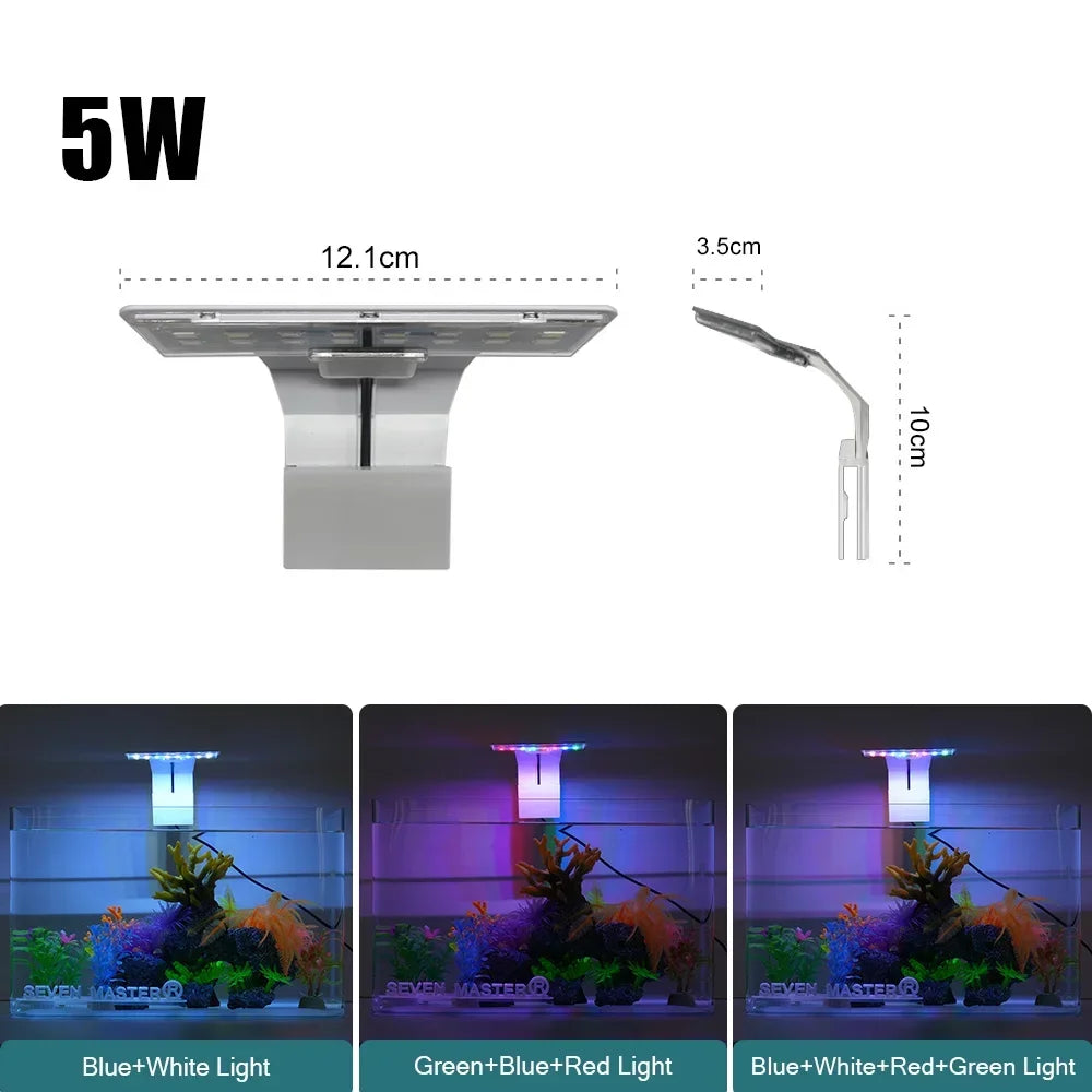 Slim clip-on LED aquarium light shown in various color options illuminating a fish tank.