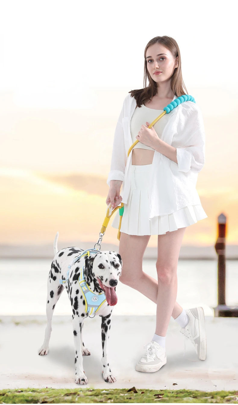 A woman holds an adjustable hands-free dog leash with a light blue handle and collar, standing outdoors.