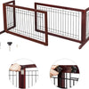 A set of adjustable wooden pet gates featuring black metal bars and dark brown wood framing.