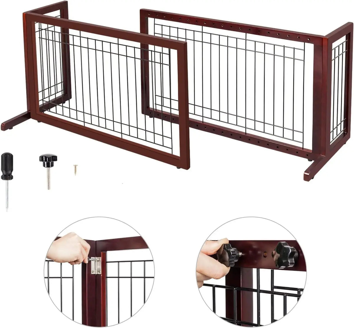 A set of adjustable wooden pet gates featuring black metal bars and dark brown wood framing.