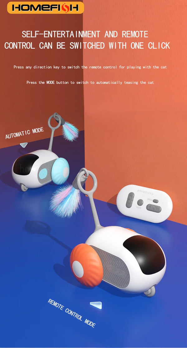 A white interactive remote-controlled cat toy car is shown with a detachable feather wand and a separate remote control devic