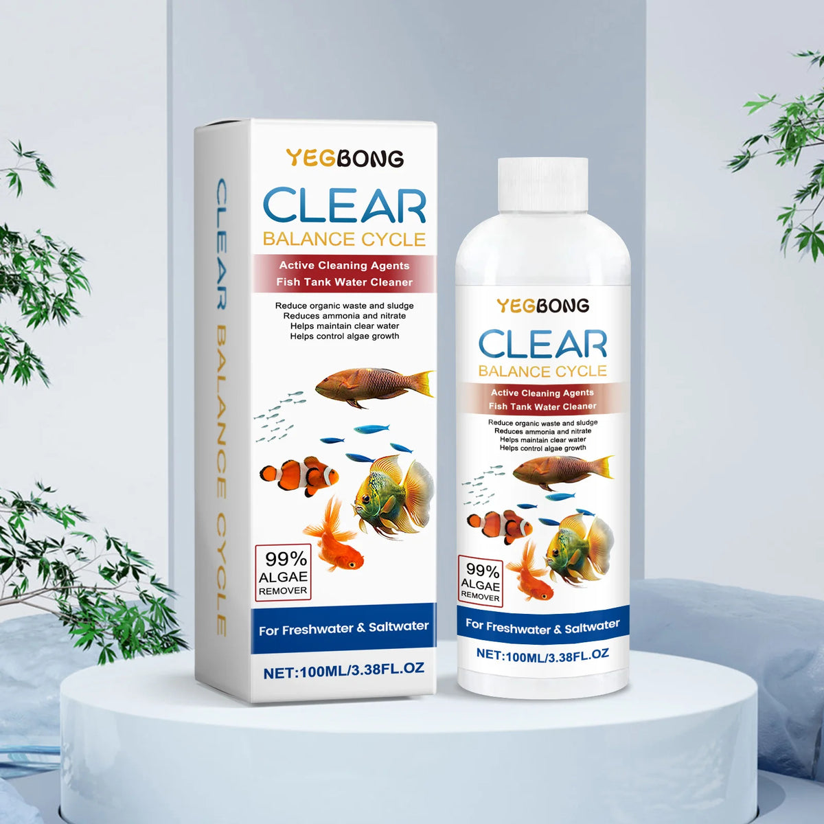 Eine Flasche YEGBONG CLEAR Balance Cycle Active Reinigungsmittel für Fischtankwasser auf einem weißen Ständer.