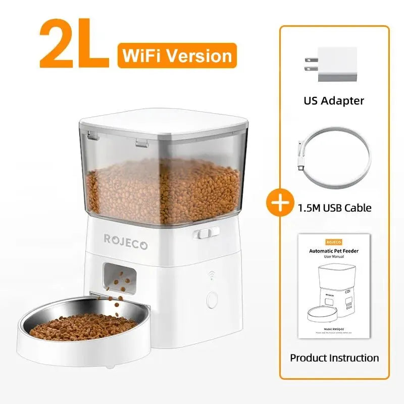 Comedero automático para mascotas Rojeco 2L WiFi blanco con adaptador y cable USB.
