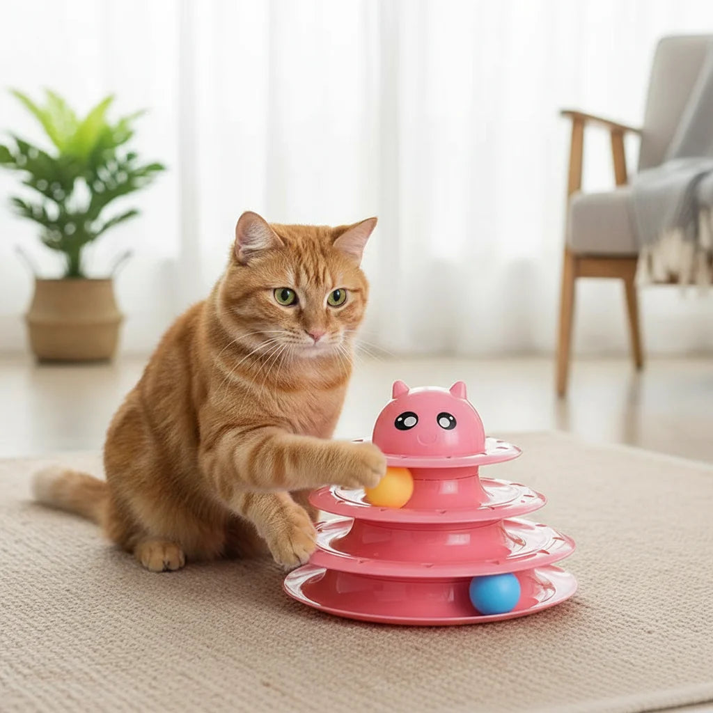 Interactive 3-Tier Cat Turntable Toy with Balls and Scratching Surface