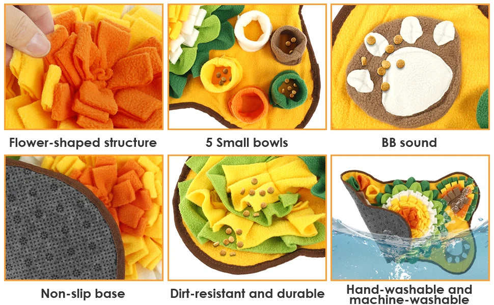 Interactive dog snuffle mat showing flower-shaped structure, small bowls, non-slip base, durability, and hand-washable featur