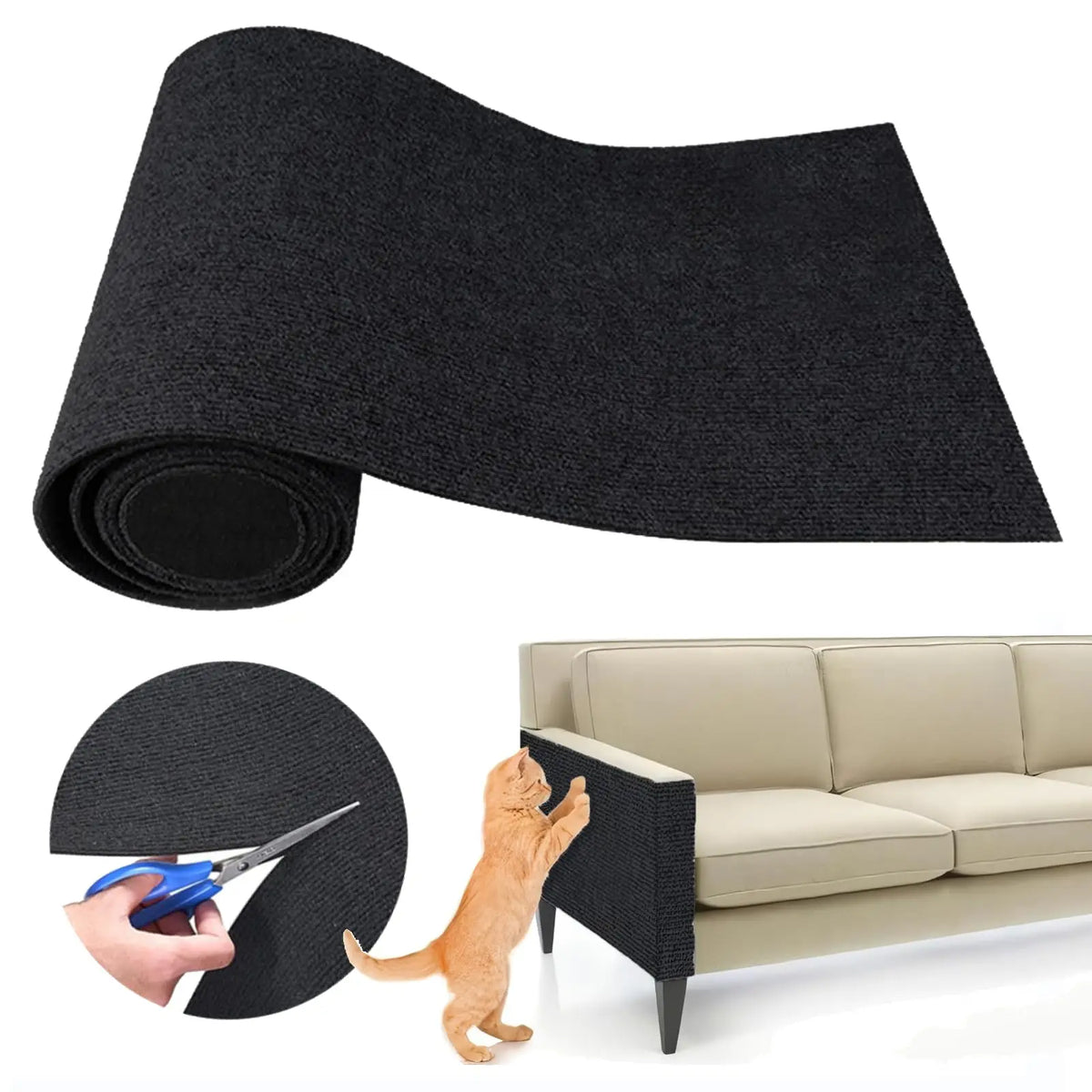 Un rollo de protector autoadhesivo para arañazos de gatos junto a un sofá donde un gato lo está arañando.