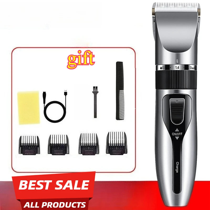 A silver cordless rechargeable pet grooming clipper with a black body and blade attachments is shown next to various accessor