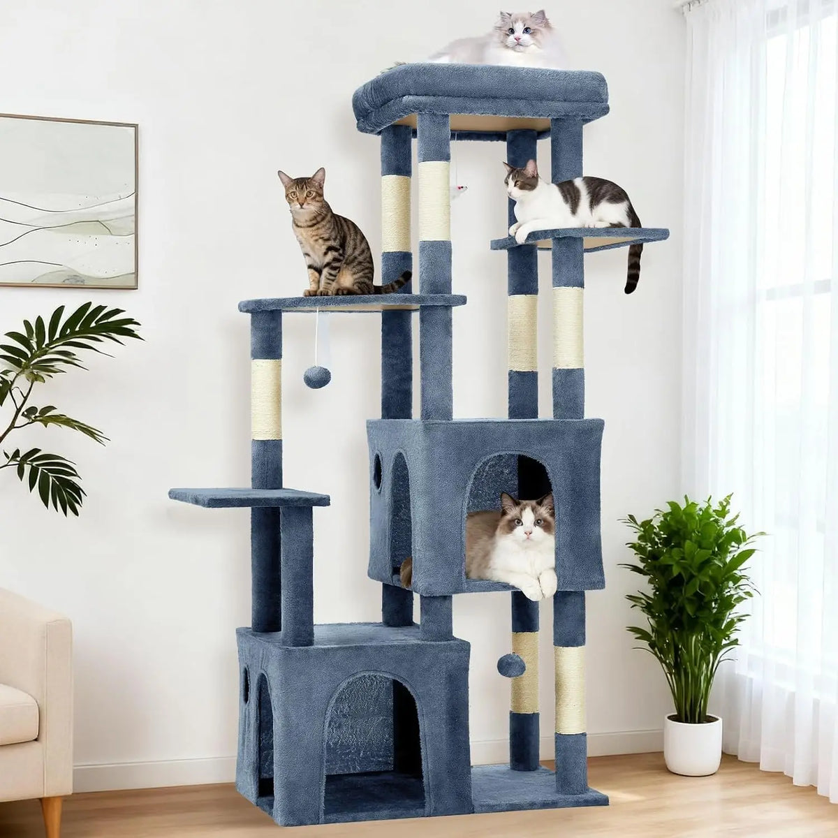 A blue cat tree tower with multiple levels and scratching posts is shown in a bright room.