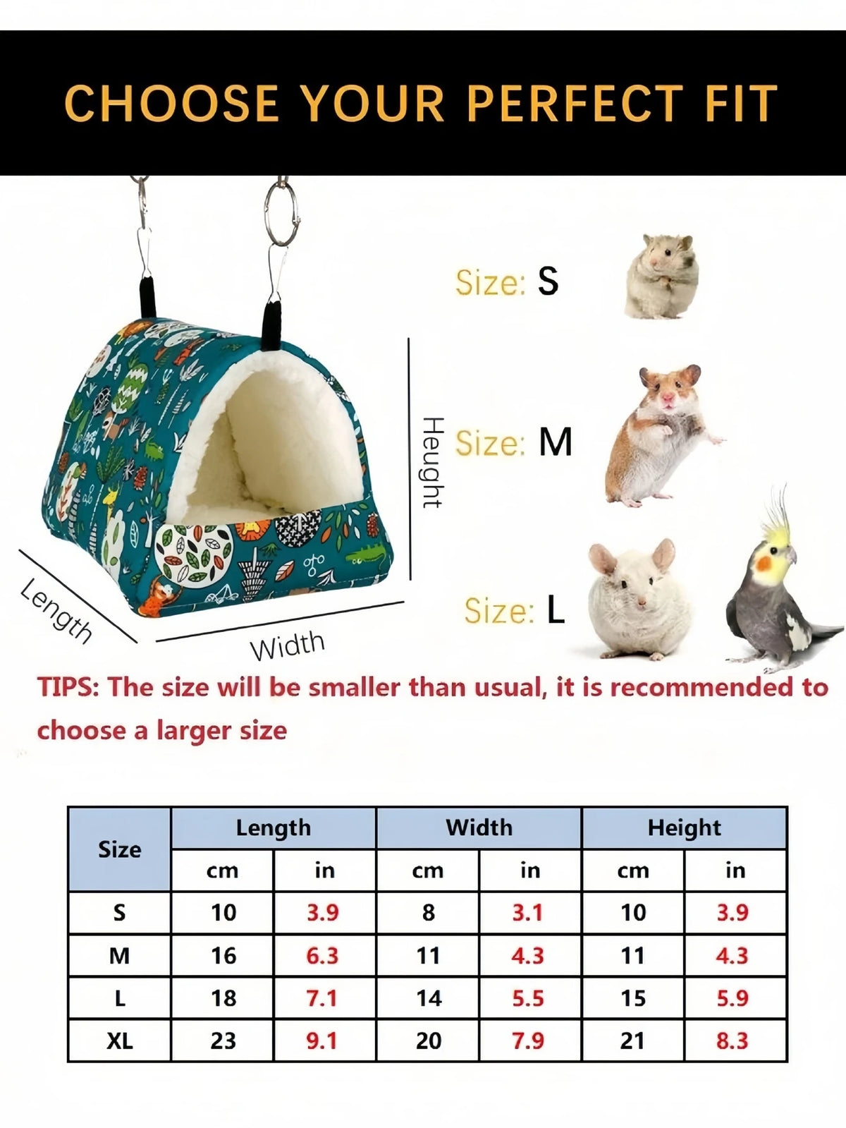 A set of three sized bird nest hammocks for small pets labeled S, M, and L with corresponding dimensions.