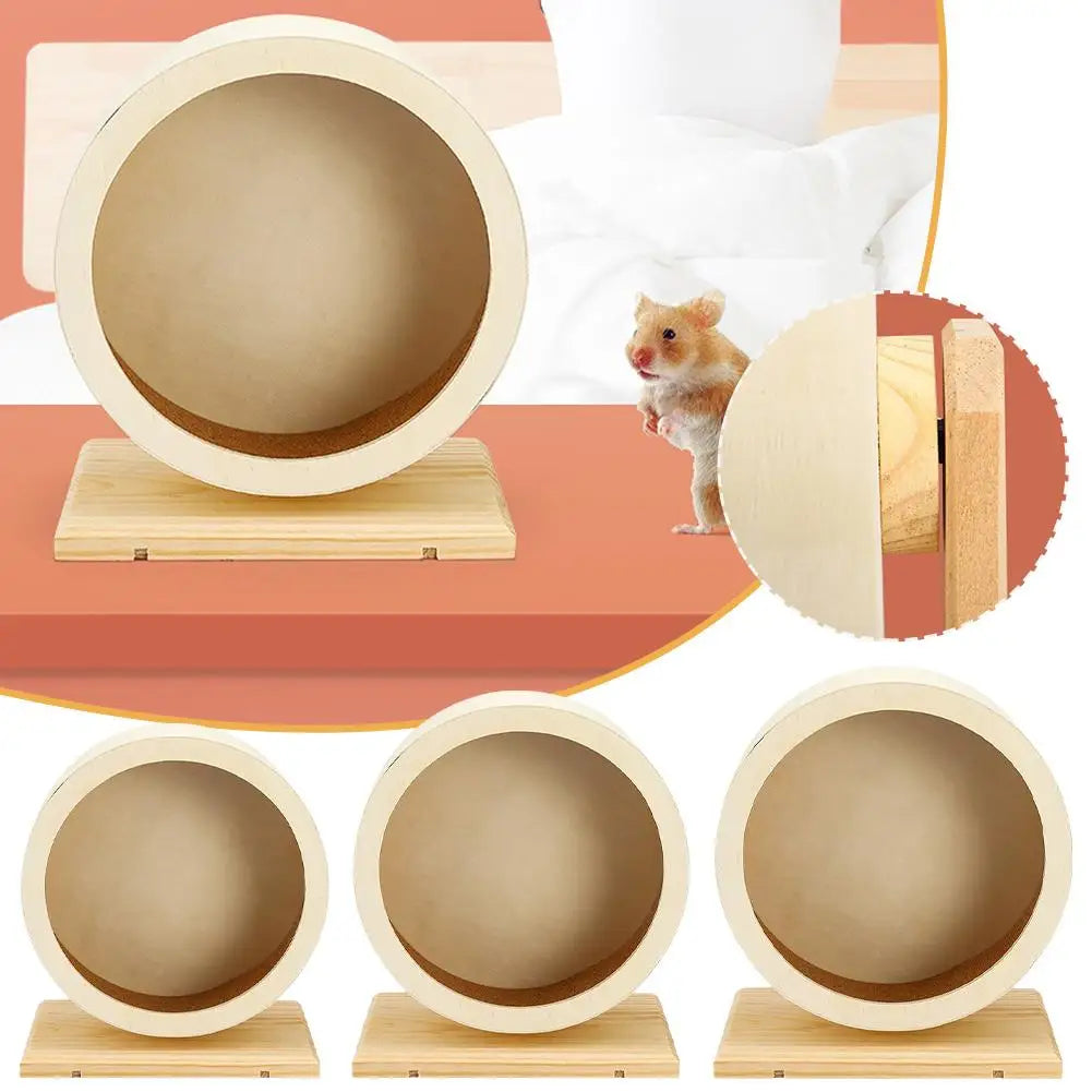 Roue d'exercice en bois pour hamster avec un motif ours doré, vue sous divers angles.