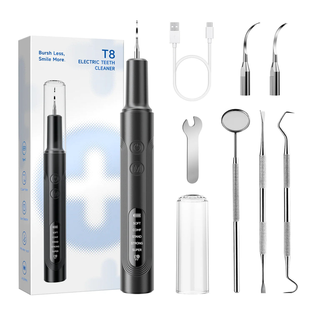 A set of T8 electric teeth cleaners for pets, including various sizes and attachments.