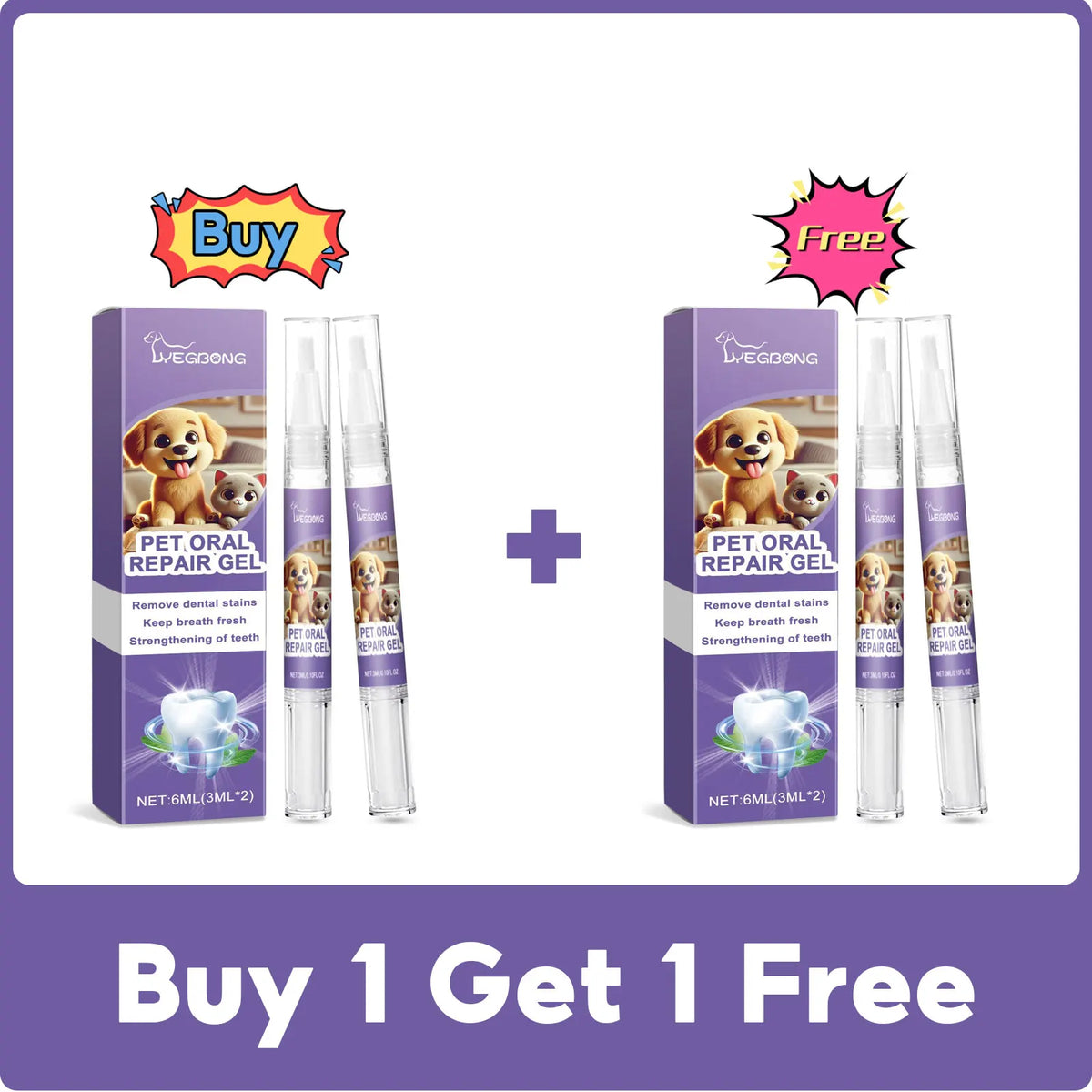 Buy 1 Get 1 Free promotion for Pet Oral Repair Gel dental care pens with dog illustrations