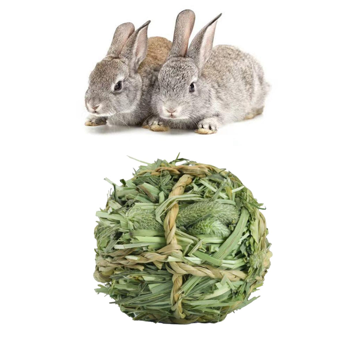Two gray rabbits sitting next to a ball of Timothy grass chew toy for small pets