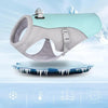 A light blue summer dog cooling vest is shown floating above a icy surface with icons indicating features.
