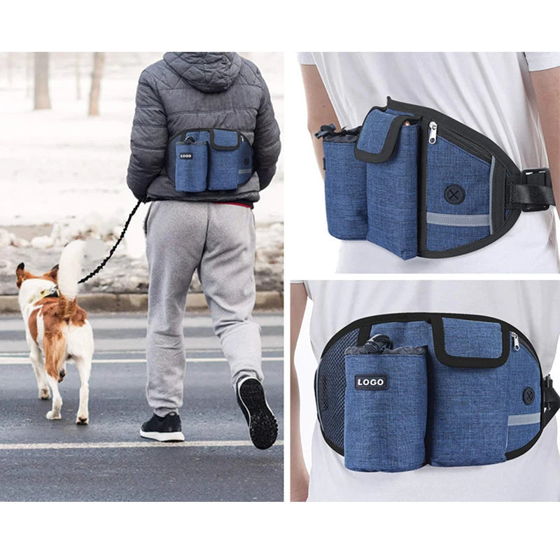 A blue hands-free dog walking belt with a treat pouch and bungee leash worn by a person.