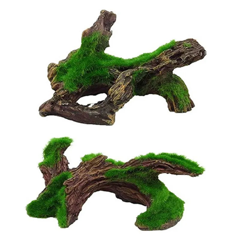 A natural wood moss root aquarium decoration featuring green moss growth on a dark wood base.