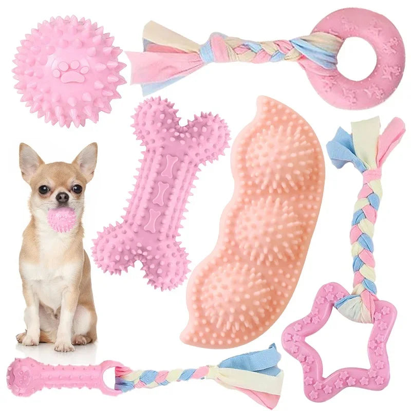 A pink dog chew toy gift set featuring various textured toys and a braided pink and blue ribbon.