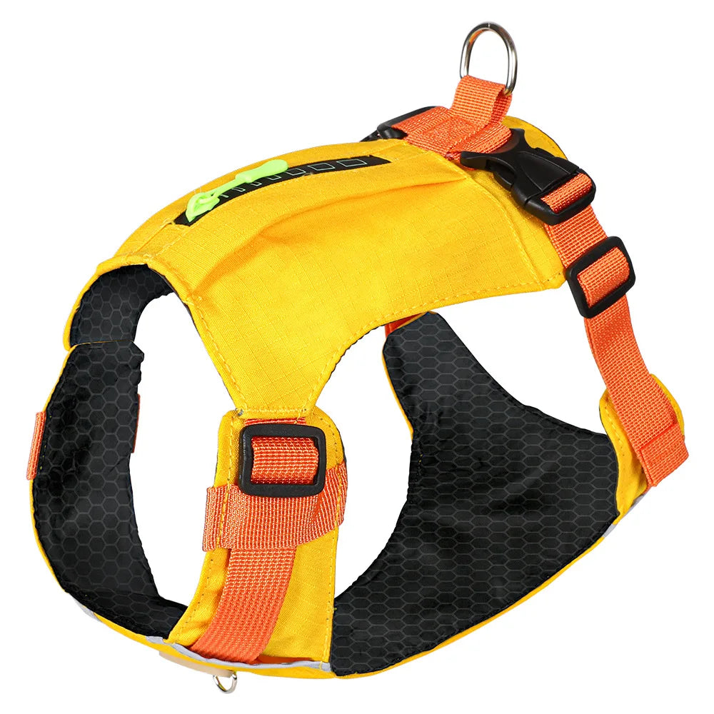 Yellow and black padded dog harness vest with orange straps for small and medium dogs