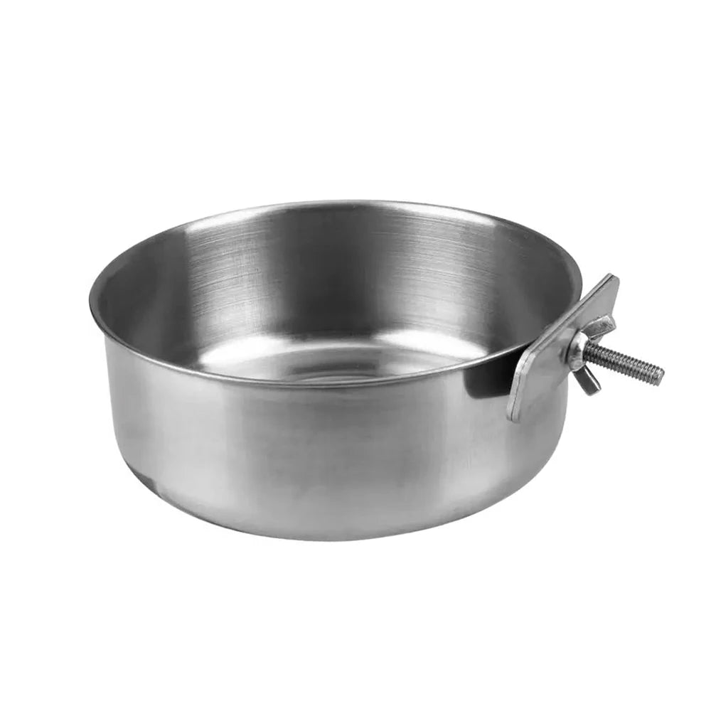 A stainless steel hanging bird bowl with a shallow, round bowl and a metal hook for suspension.