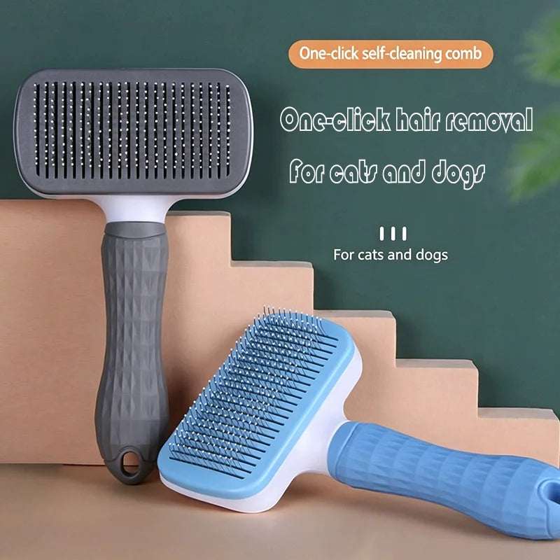 A light blue pet slicker brush is shown next to a gray cleaning brush on a wooden surface.
