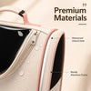 Gros plan d'un sac à dos pour animaux panoramique beige, avec toile Oxford imperméable et un cadre en aluminium solide.