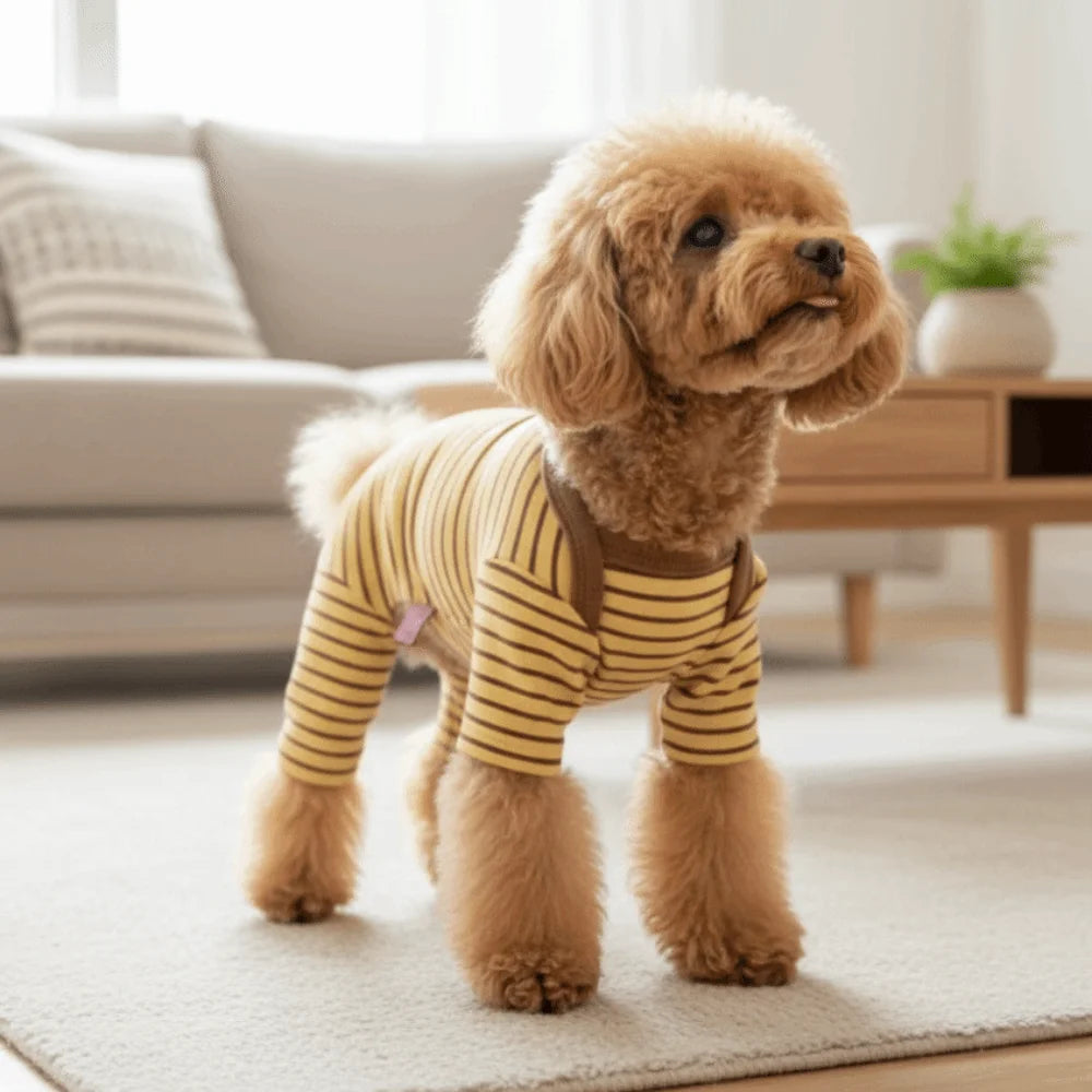 A fluffy golden dog wearing cozy striped pajamas on a light rug.