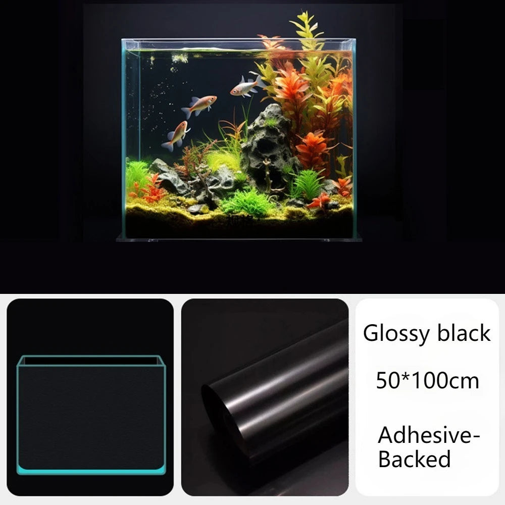 Glossy black adhesive-backed film for a 50x100cm aquarium background featuring tropical fish and plants