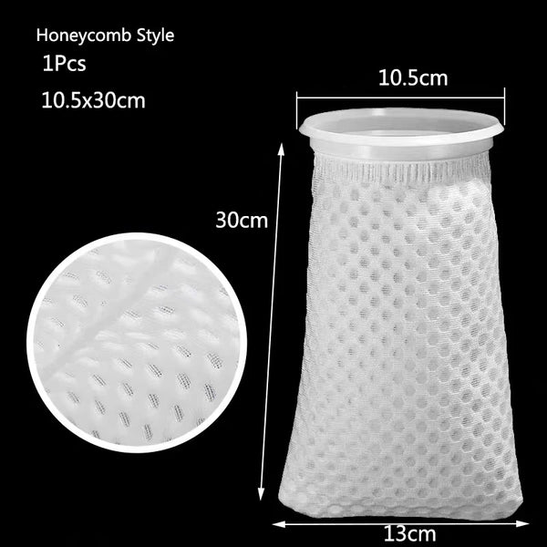 White honeycomb style aquarium filter bag with a mounting frame, measuring 10.5cm in diameter and 30cm high.