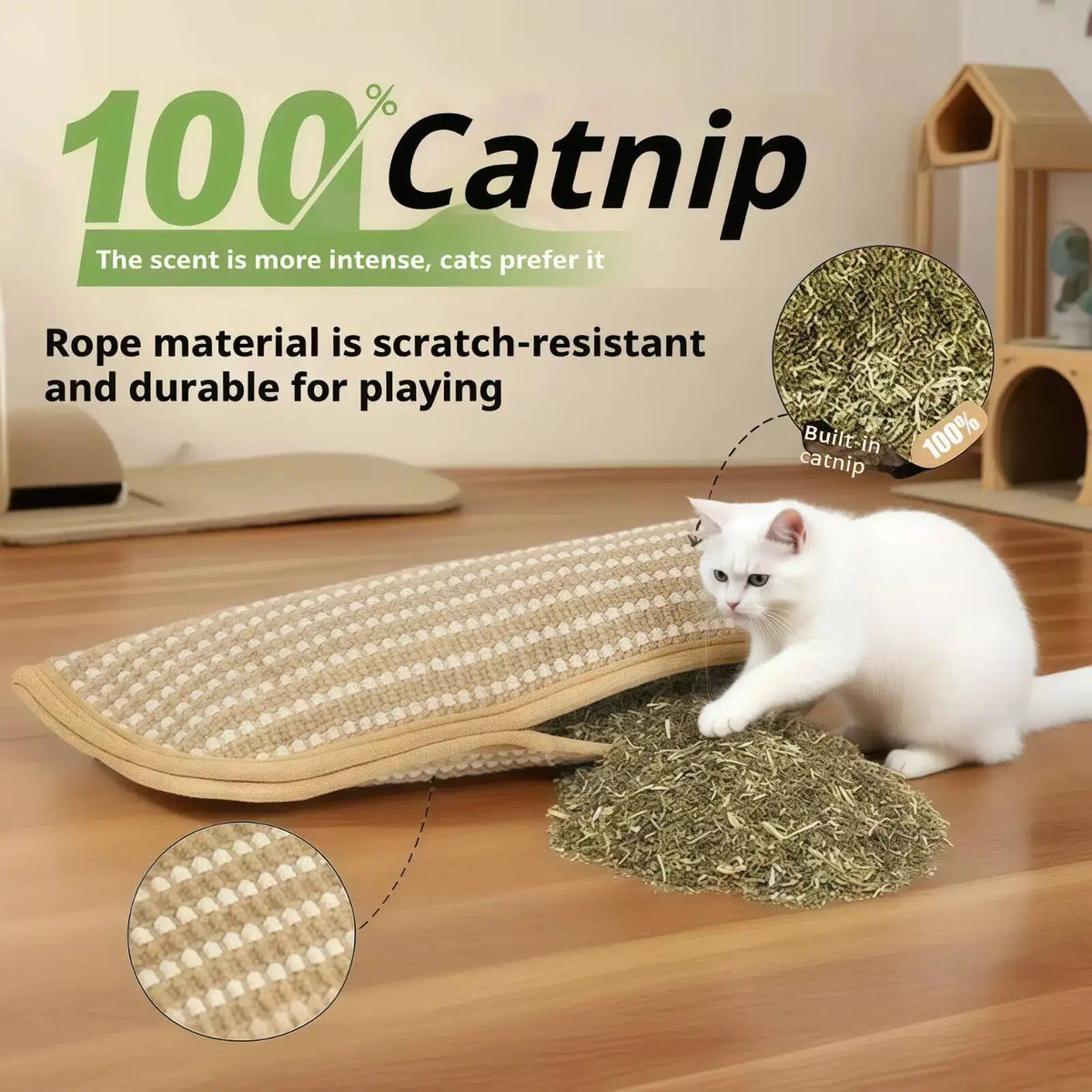 Eine weiße Katze spielt mit einem strohartigen, kratzfesten und strapazierfähigen Spielseil.