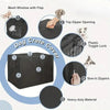 Diagram showing features of a dog crate cover including mesh windows, zipper openings, toggle locks, and heavy-duty material.