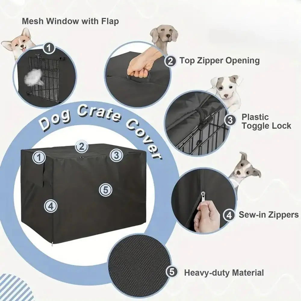 Diagram showing features of a dog crate cover including mesh windows, zipper openings, toggle locks, and heavy-duty material.