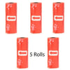Five rolls of reusable pet poop bag dispensers in bright orange-red with white arrows.