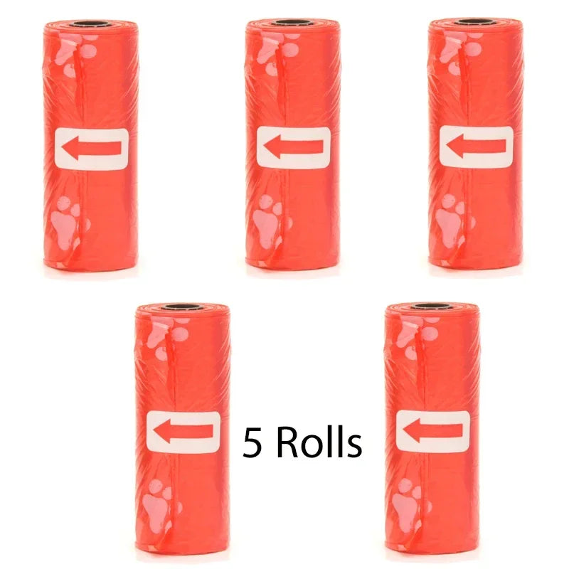 Five rolls of reusable pet poop bag dispensers in bright orange-red with white arrows.