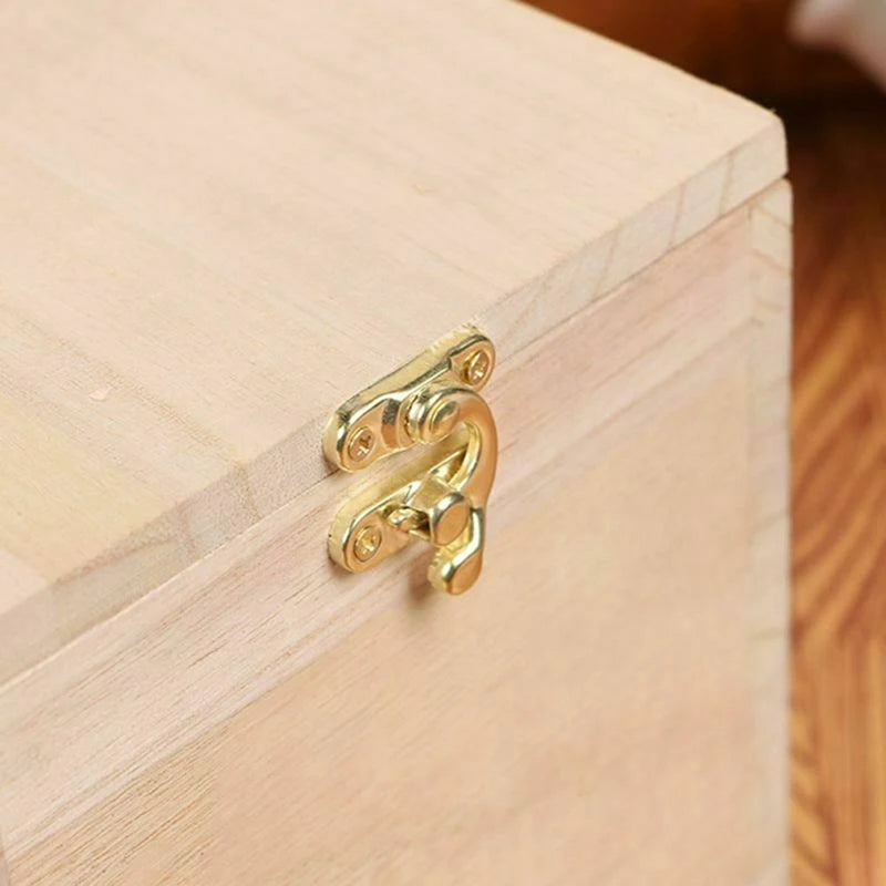 A close-up of a natural wood bird nest box featuring brass hardware on the lid.