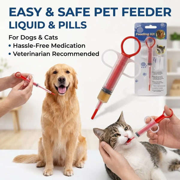 Kit de comedero para mascotas mostrando líquidos y pastillas en jeringas, con un perro y un gato cerca.