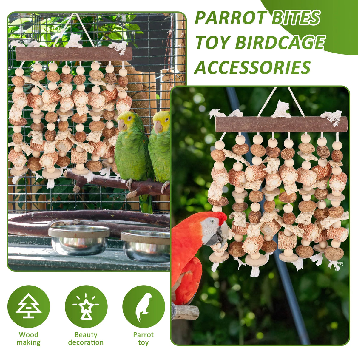 Parrot bites toy birdcage accessories featuring natural wood chew toys and decorations