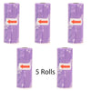 Five rolls of purple reusable pet poop bags with orange arrows indicating direction