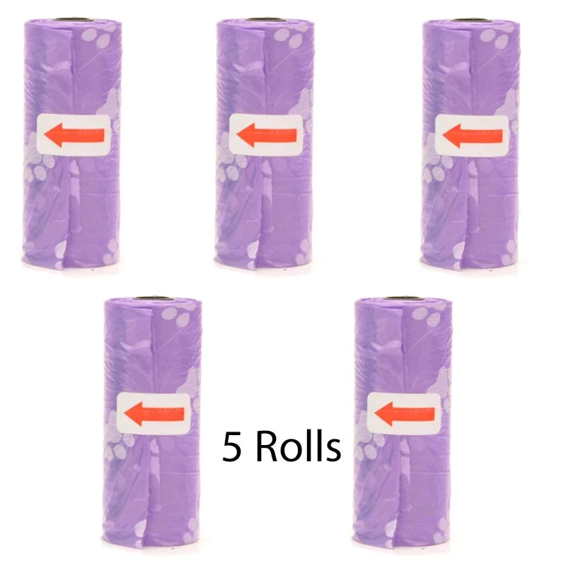 Five rolls of purple reusable pet poop bags with orange arrows indicating direction