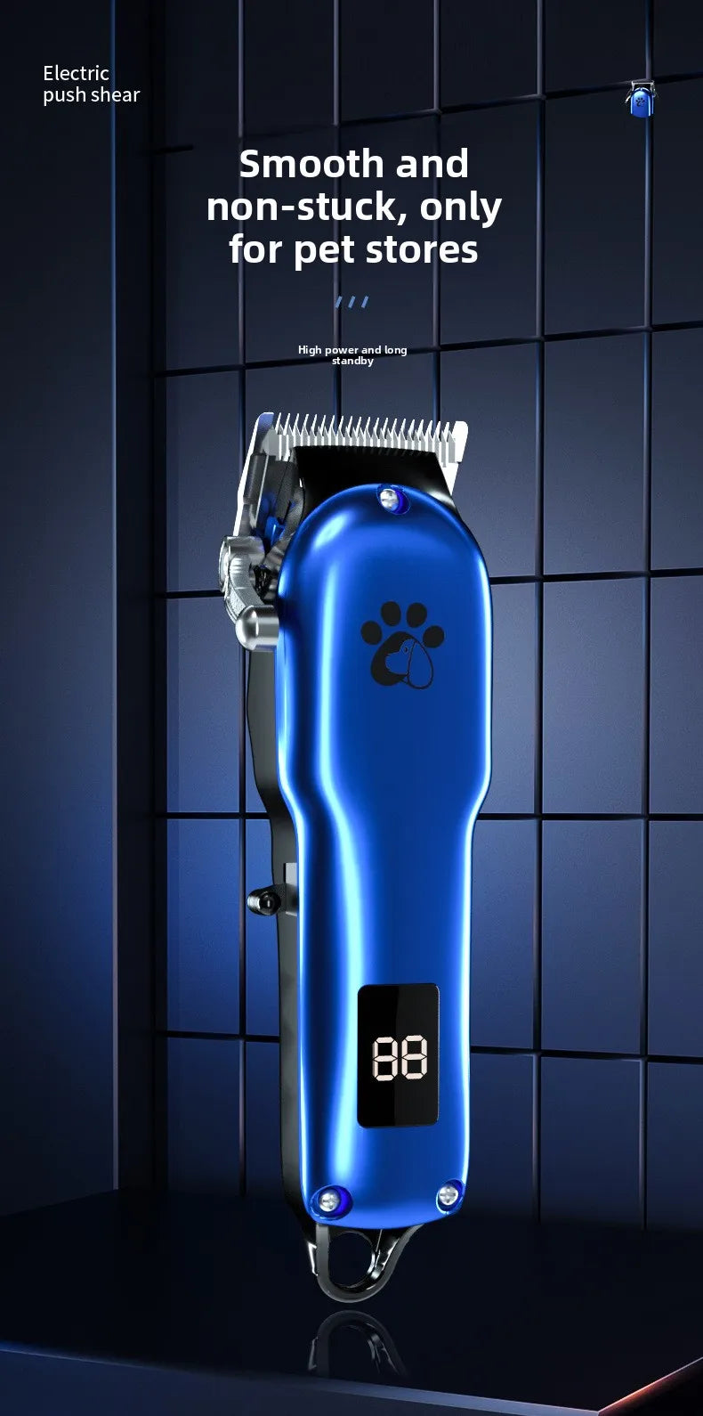 A blue electric pet hair shear grooming kit is displayed against a dark tiled background.