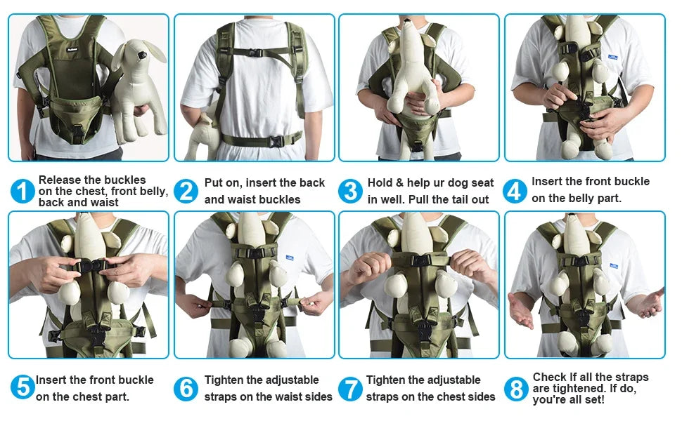 Instructions showing how to put on and adjust a ventilated pet carrier backpack for a dog.